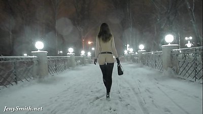 Jeny Smith naked in snow fall walking thru the city